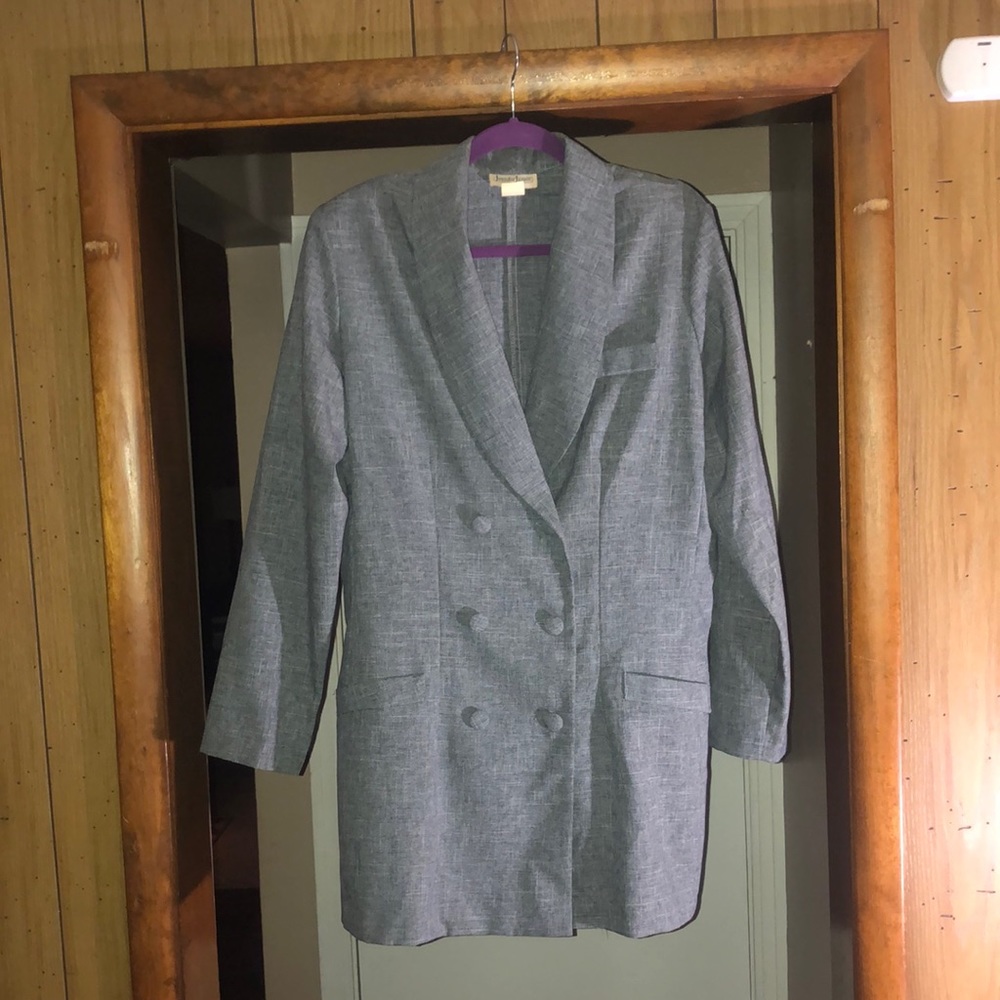 Black and grey long jacket pant suit
